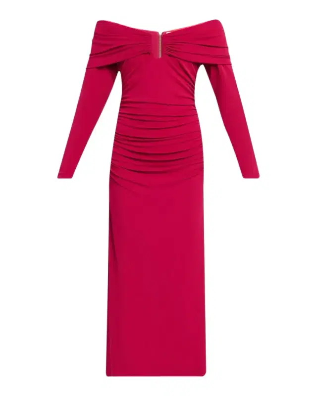 Carolina Herrera Off-The-Shoulder Long-Sleeve Ruched Jersey Midi Dress