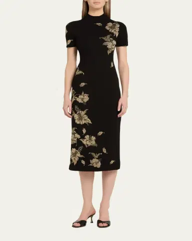 Oscar de la Renta Metallic Hibiscus Flower Knit Short-Sleeve Midi Dress | Thumbnail 2
