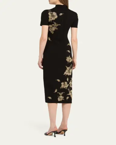 Oscar de la Renta Metallic Hibiscus Flower Knit Short-Sleeve Midi Dress | Thumbnail 3