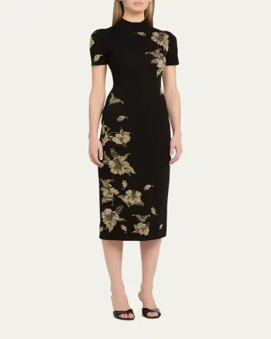 Oscar de la Renta Metallic Hibiscus Flower Knit Short-Sleeve Midi Dress | Thumbnail 4