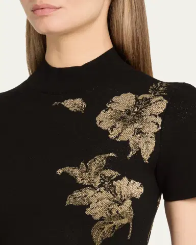 Oscar de la Renta Metallic Hibiscus Flower Knit Short-Sleeve Midi Dress | Thumbnail 5