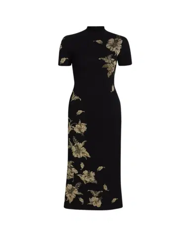 Oscar de la Renta Metallic Hibiscus Flower Knit Short-Sleeve Midi Dress | Thumbnail 1