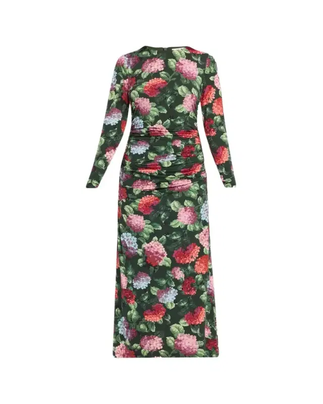 Carolina Herrera Hydrangea-Print Ruched Jersey Long-Sleeve Midi Dress