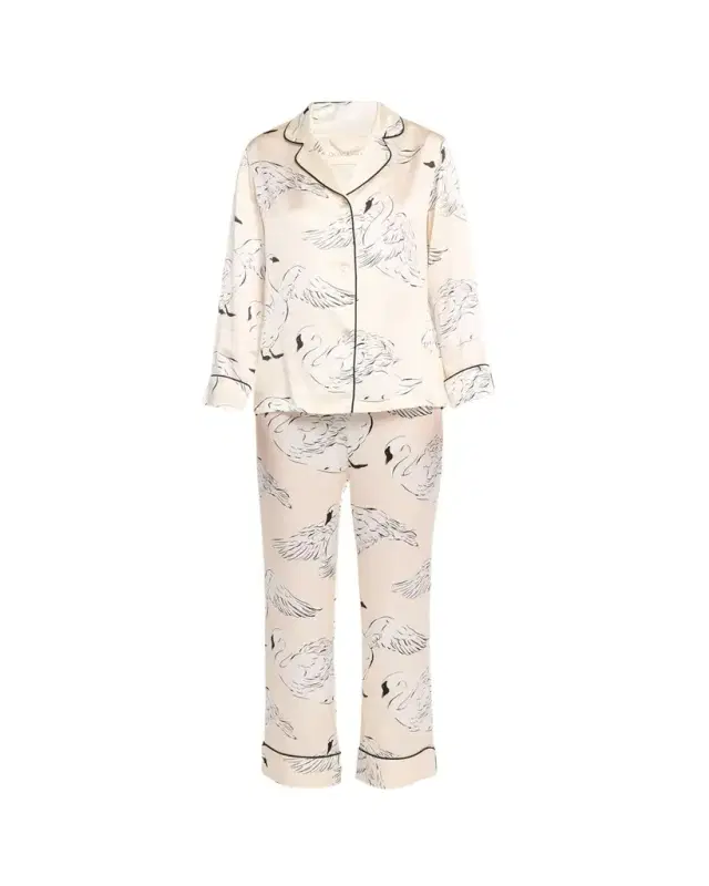 Olivia von Halle Lila Blanca Swan-Print Silk Satin Pajama Set