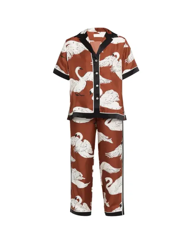 Olivia von Halle Tilda Ines Swan-Print Silk Twill Pajama Set