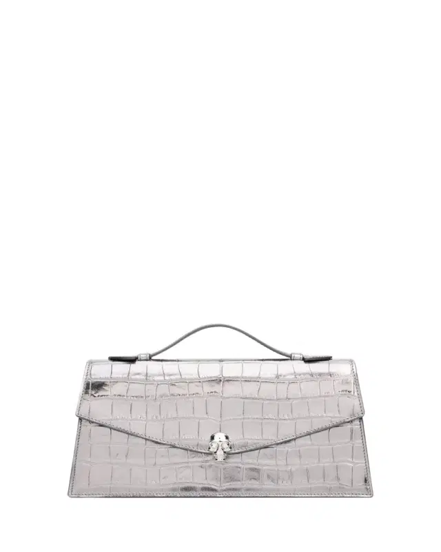McQueen Skull Metallic Croc-Embossed Leather Top-Handle Bag