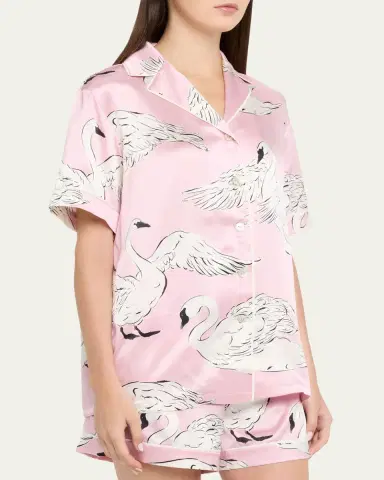 Olivia von Halle Ingo Selene Swan-Print Silk Satin Pajama Set | Thumbnail 4