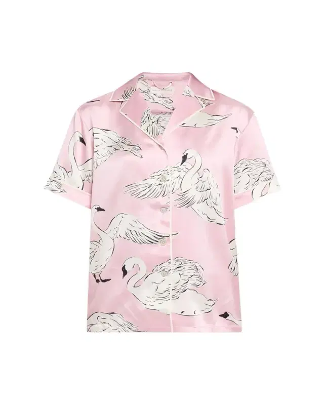 Olivia von Halle Ingo Selene Swan-Print Silk Satin Pajama Set