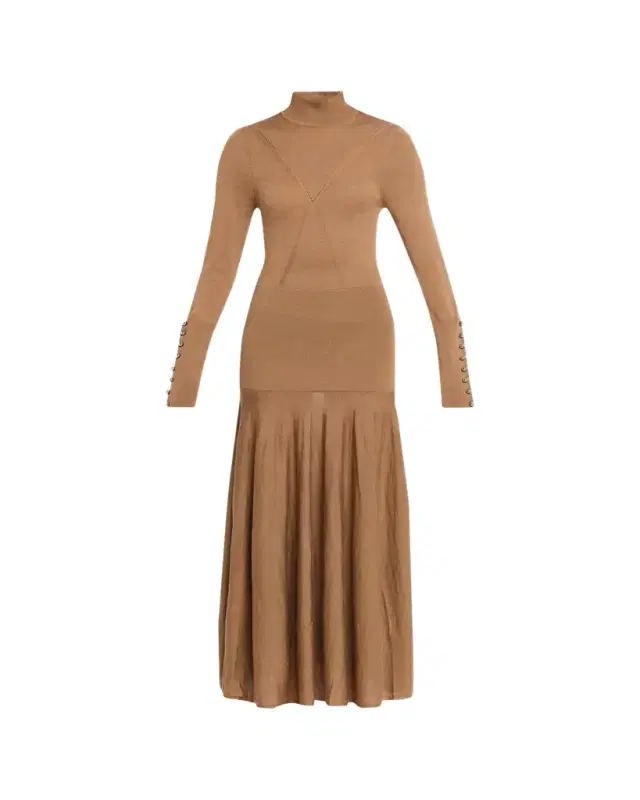 Rabanne Turtleneck Wool-Silk Knit Drop-Waist Maxi Dress