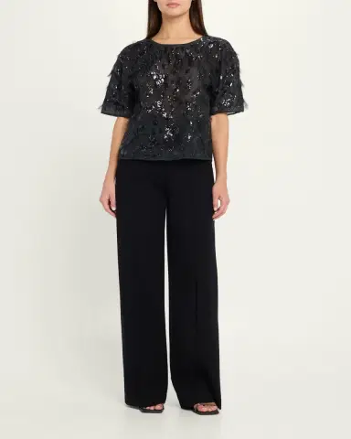 Brunello Cucinelli Animalier Sequined Fringe Silk Short-Sleeve Top | Thumbnail 2