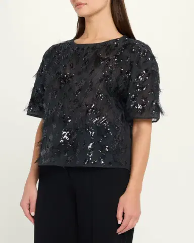 Brunello Cucinelli Animalier Sequined Fringe Silk Short-Sleeve Top | Thumbnail 4