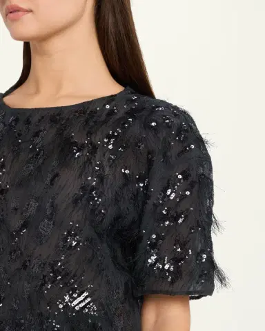 Brunello Cucinelli Animalier Sequined Fringe Silk Short-Sleeve Top | Thumbnail 5