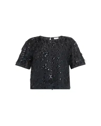 Brunello Cucinelli Animalier Sequined Fringe Silk Short-Sleeve Top | Thumbnail 1