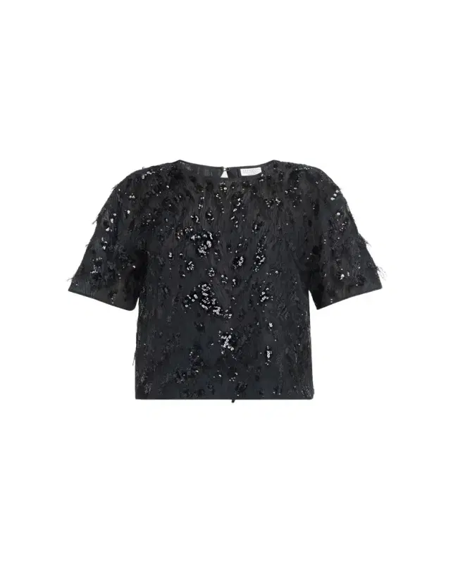 Animalier Sequined Fringe Silk Short-Sleeve Top