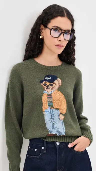 Polo Ralph Lauren Cotton Bear Long Sleeve Crew Neck Pullover arled Olive | Thumbnail 2