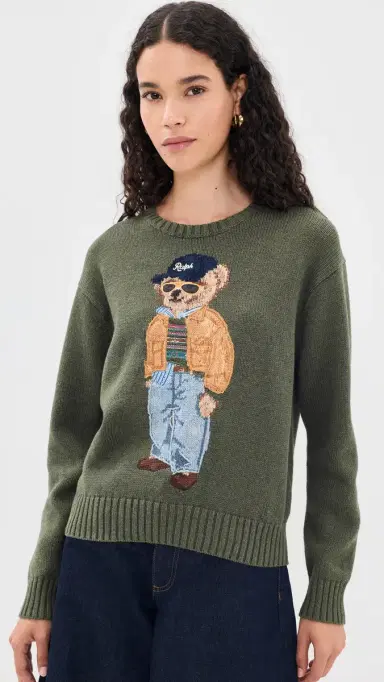 Polo Ralph Lauren Cotton Bear Long Sleeve Crew Neck Pullover arled Olive | Thumbnail 6
