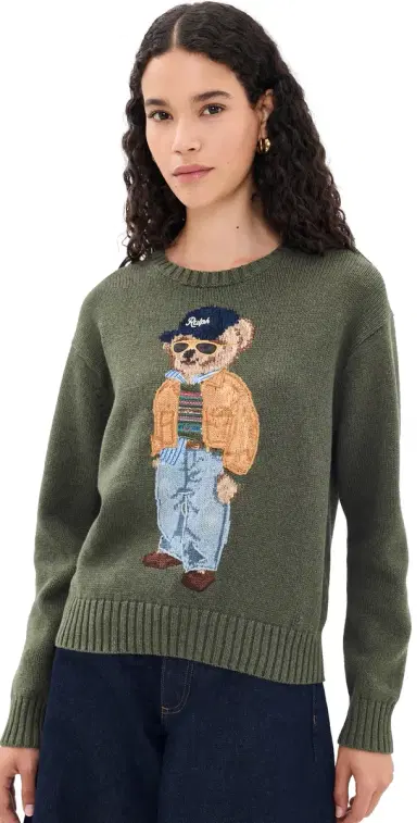 Polo Ralph Lauren Cotton Bear Long Sleeve Crew Neck Pullover arled Olive | Thumbnail 1