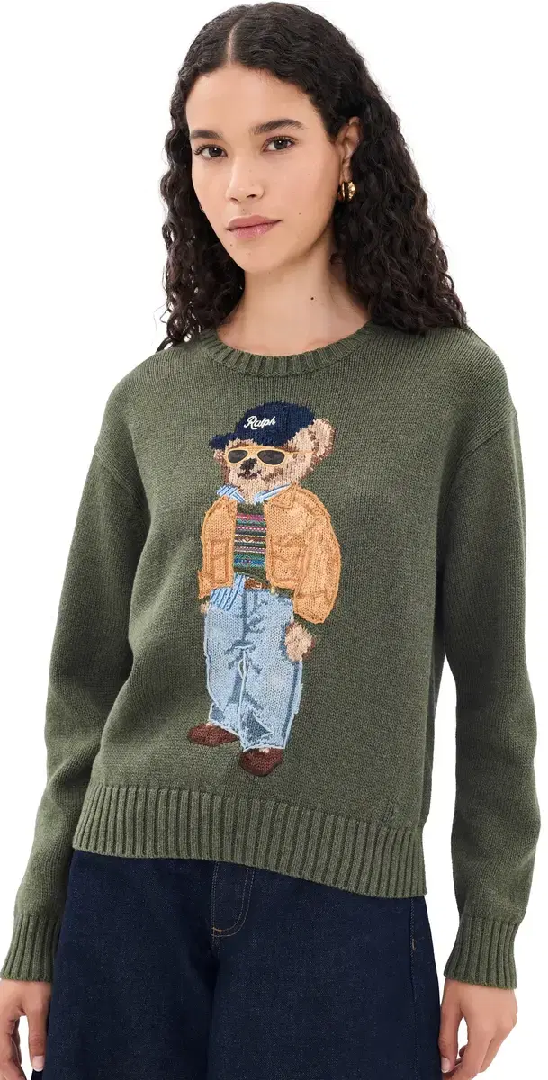 Polo Ralph Lauren Cotton Bear ong Sleeve Crew Neck Pullover Marled Olive