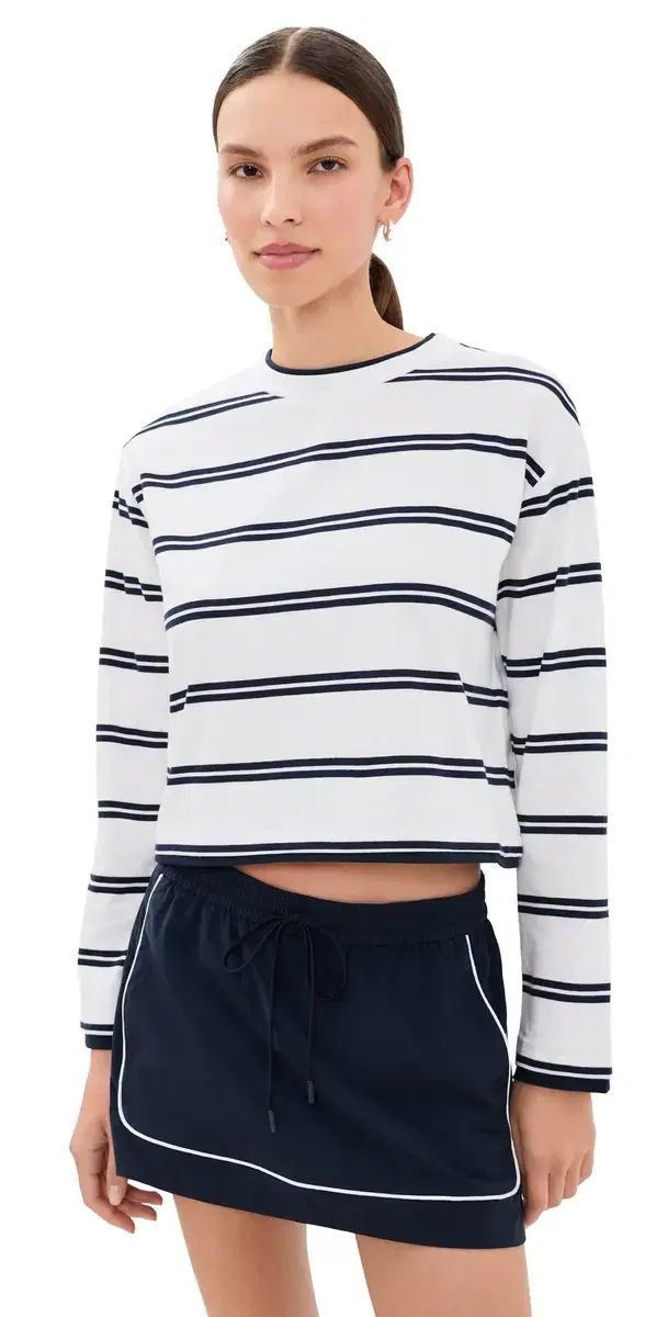 Good American The ong Sleeve ayered Tee Navy Double Stripe