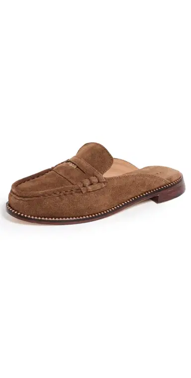 FRĒDA SALVADOR Temi Penny Loafer Mules Chestnut Suede with Hardware | Thumbnail 1