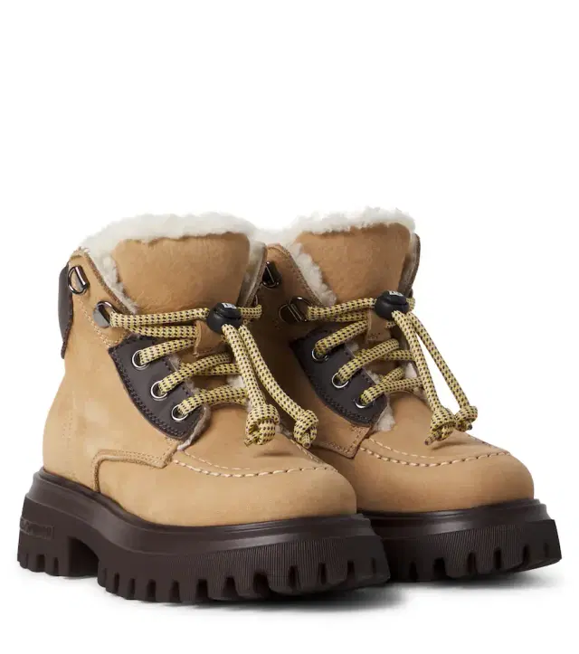 Shearling-trimmed leather lace-up boots
