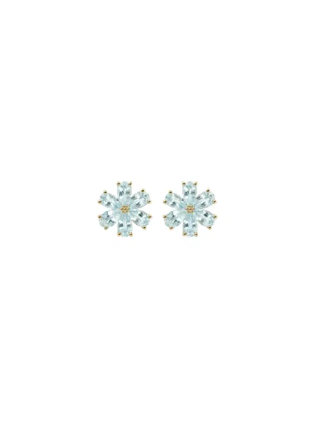 Wish Fine Jewelry 2.90ct Aquamarine Diamond 14K Gold Flower Stud Earrings