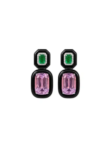 Wish Fine Jewelry 44.89ct Diamond Emerald Kunzite Onyx 18K Gold Drop Earrings | Thumbnail 1 Wish Fine Jewelry 44.89ct Diamond Emerald Kunzite Onyx 18K Gold Drop Earrings | Thumbnail 1
