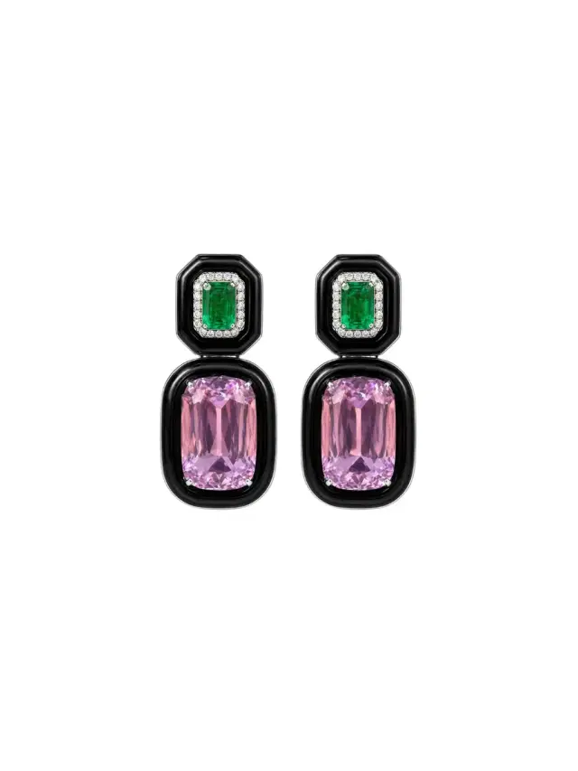 Wish Fine Jewelry 44.89ct Diamond Emerald Kunzite Onyx 18K Gold Drop Earrings