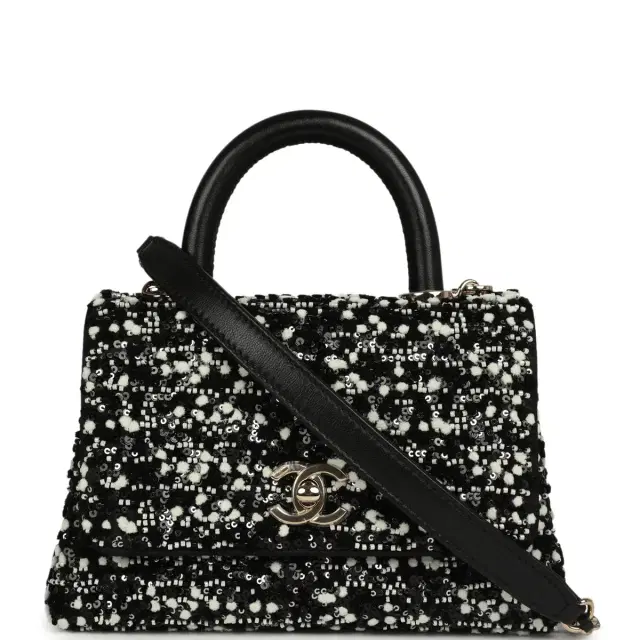 Chanel Chanel Mini Coco Handle Flap Bag Black, White Sequin, Beaded Light Gold Hardware
