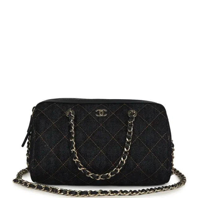 Chanel Chanel Mini Timeless Classic Barrel Bag with Chain Dark Blue Denim Light Gold Hardware