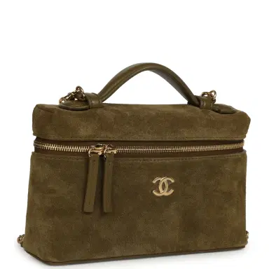 Chanel Chanel Top Handle Long Vanity Case with Chain Dark Khaki Suede Gold Hardware | Thumbnail 2
