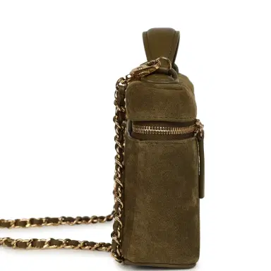 Chanel Chanel Top Handle Long Vanity Case with Chain Dark Khaki Suede Gold Hardware | Thumbnail 4