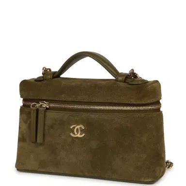 Chanel Chanel Top Handle Long Vanity Case with Chain Dark Khaki Suede Gold Hardware | Thumbnail 5