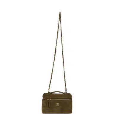 Chanel Chanel Top Handle Long Vanity Case with Chain Dark Khaki Suede Gold Hardware | Thumbnail 8