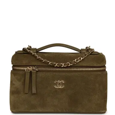 Chanel Chanel Top Handle Long Vanity Case with Chain Dark Khaki Suede Gold Hardware | Thumbnail 1