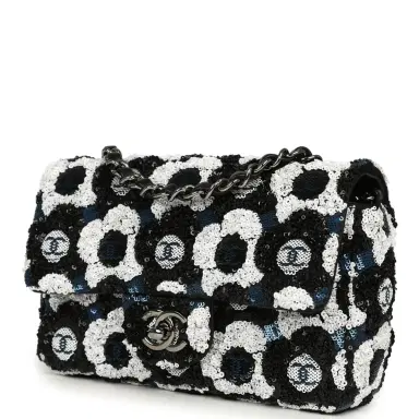 Chanel Pre-owned Chanel Mini Rectangular Flower Flap Bag Black, Navy, White Sequin Ruthenium Hardware | Thumbnail 5 Chanel Pre-owned Chanel Mini Rectangular Flower Flap Bag Black, Navy, White Sequin Ruthenium Hardware | Thumbnail 5