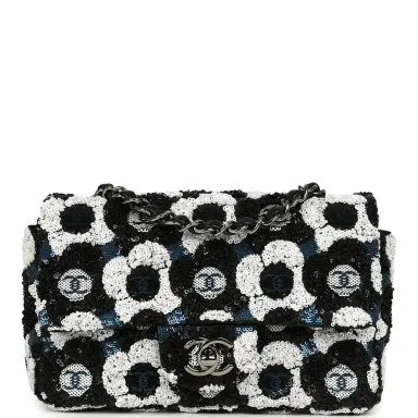 Chanel Pre-owned Chanel Mini Rectangular Flower Flap Bag Black, Navy, White Sequin Ruthenium Hardware | Thumbnail 1 Chanel Pre-owned Chanel Mini Rectangular Flower Flap Bag Black, Navy, White Sequin Ruthenium Hardware | Thumbnail 1