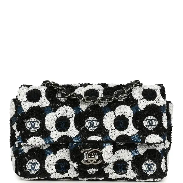 Chanel Pre-owned Chanel Mini Rectangular Flower Flap Bag Black, Navy, White Sequin Ruthenium Hardware