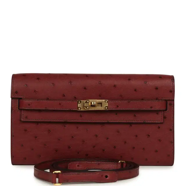HERMÈS Pre-owned Hermes Kelly Wallet To Go Rouge H Ostrich Gold Hardware