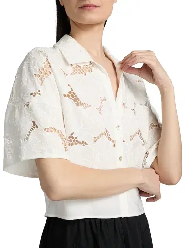 Vince Women's Lace Short-Sleeve Crop Shirt - Off White - Size XXS | Thumbnail 6 Vince Women's Lace Short-Sleeve Crop Shirt - Off White - Size XXS | Thumbnail 6