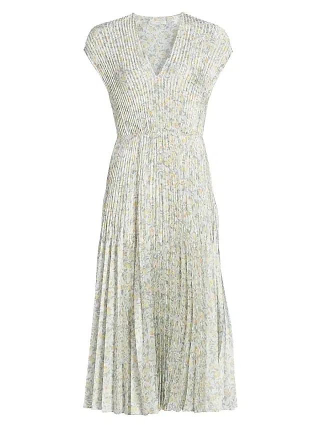 Vince Women's Citrine Bloom Pleated Midi Dress - Off White Sun