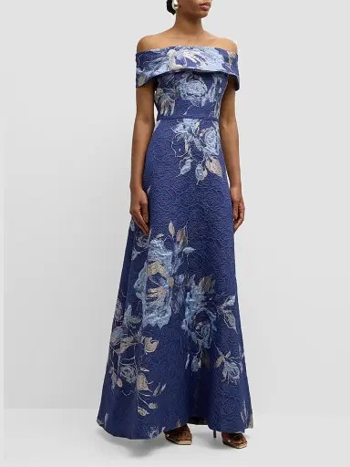 Teri Jon by Rickie Freeman Women's Floral Off-The-Shoulder Gown - Blue Multi | Thumbnail 4 Teri Jon by Rickie Freeman Women's Floral Off-The-Shoulder Gown - Blue Multi | Thumbnail 4