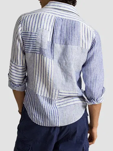 Polo Ralph Lauren Men's Patchwork Stripe Linen Button-Front Shirt - Newport Stripe Piecing | Thumbnail 3