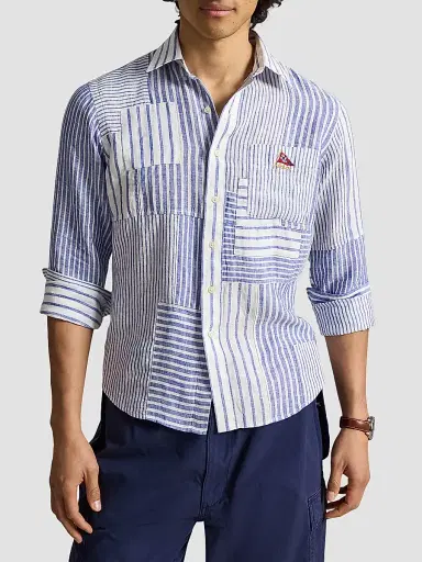 Polo Ralph Lauren Men's Patchwork Stripe Linen Button-Front Shirt - Newport Stripe Piecing | Thumbnail 4