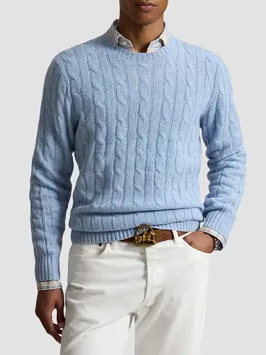 Polo Ralph Lauren Men's Cashmere Cable-Knit Crewneck Sweater - Adventurine Blue Heather - Size XXL | Thumbnail 4 Polo Ralph Lauren Men's Cashmere Cable-Knit Crewneck Sweater - Adventurine Blue Heather - Size XXL | Thumbnail 4