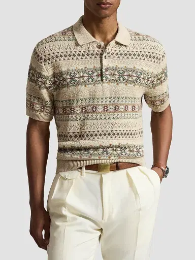 Polo Ralph Lauren Men's Fair Isle Cotton-Linen Knit Polo Shirt | Thumbnail 4 Polo Ralph Lauren Men's Fair Isle Cotton-Linen Knit Polo Shirt | Thumbnail 4