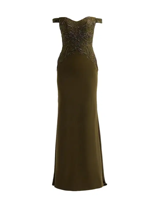 Rene Ruiz Collection Women's Embroidered Crêpe Off-the-Shoulder Gown - Green