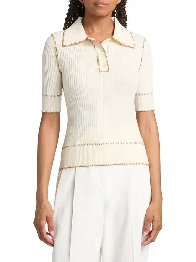 Prabal Gurung Women's Whipstitch Rib-Knit Polo Top - Off White | Thumbnail 3 Prabal Gurung Women's Whipstitch Rib-Knit Polo Top - Off White | Thumbnail 3