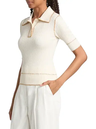 Prabal Gurung Women's Whipstitch Rib-Knit Polo Top - Off White | Thumbnail 4 Prabal Gurung Women's Whipstitch Rib-Knit Polo Top - Off White | Thumbnail 4