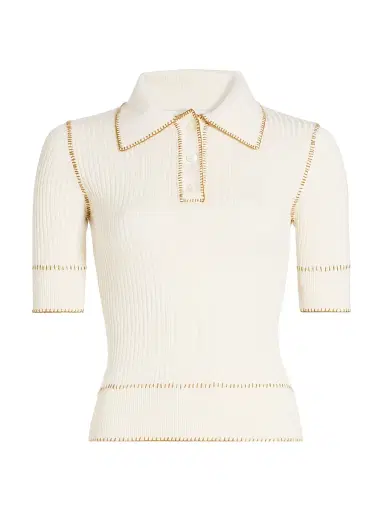Prabal Gurung Women's Whipstitch Rib-Knit Polo Top - Off White | Thumbnail 1 Prabal Gurung Women's Whipstitch Rib-Knit Polo Top - Off White | Thumbnail 1